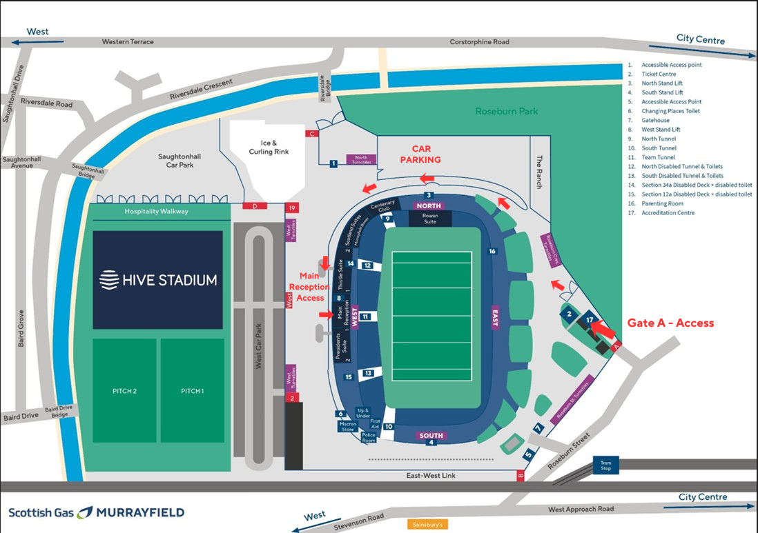 Murrayfield Stadium map marked with Gate A access, the car parking area and the route to main reception in the West Stand.